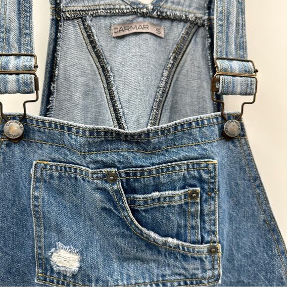 Carmar Denim Medium Wash Distressed Cropped Straight Leg Overalls Size‎ S - Picture 10 of 12